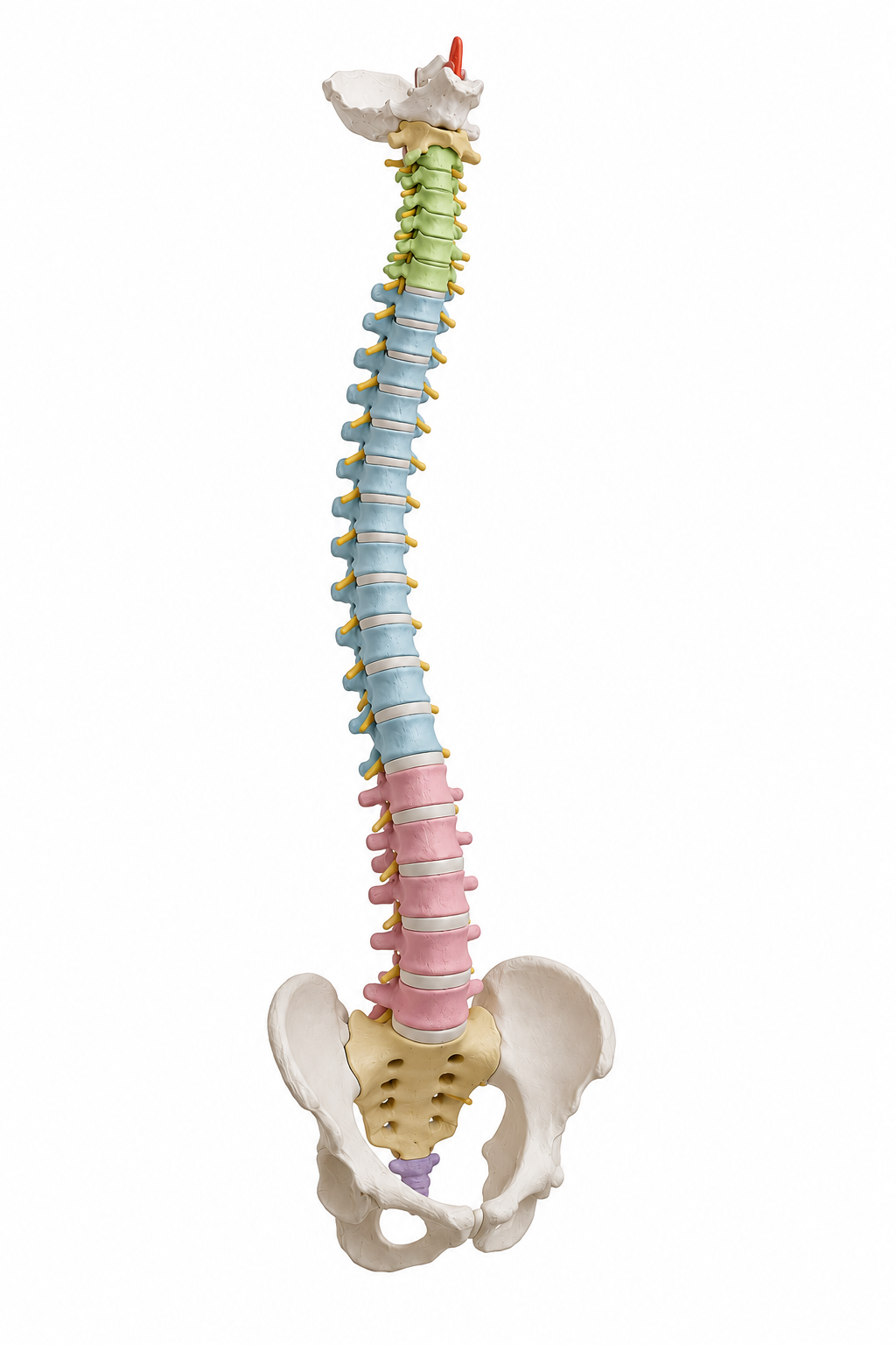 Anatomical spine illustration with muted color coding